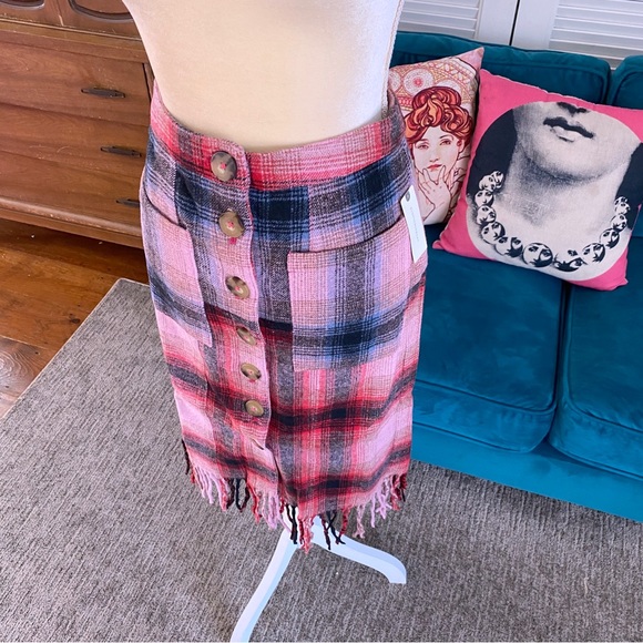 Anthropologie | Maeve Fringed Midi Skirt Plaid Pink Buttondown Christmas New 6 - Picture 6 of 15